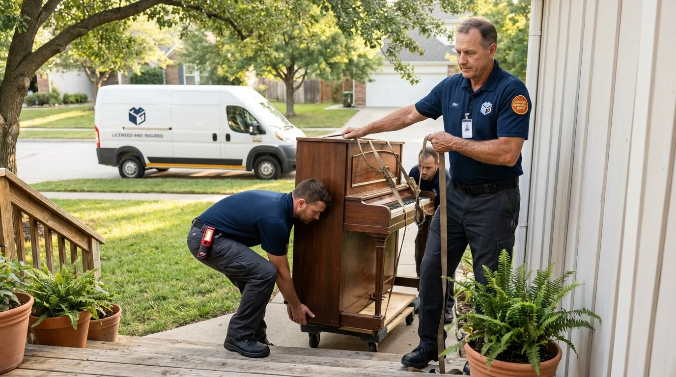 Licensed piano movers securing grand piano in Kill Devil Hills, NC