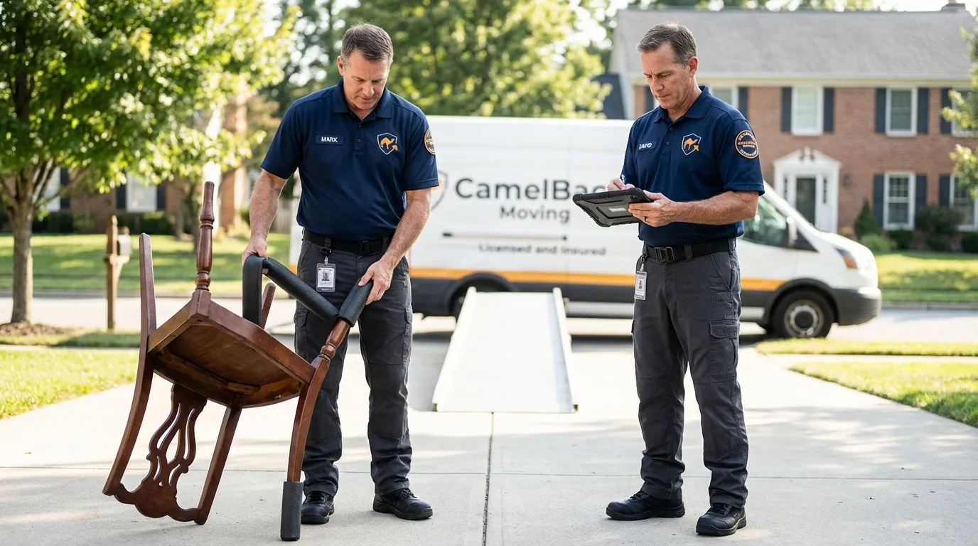 Movers inspecting furniture for damage prevention before loading in Kill Devil Hills, NC