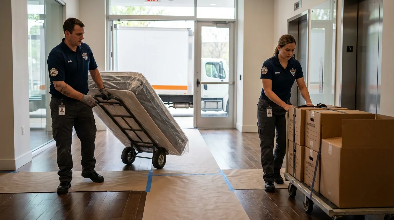 Professional apartment movers loading elevator in Kill Devil Hills, NC